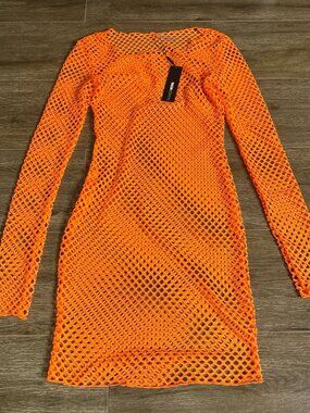 Fashion Nova Fishnet Cover Up Dress Neon Orange S Beach Mesh